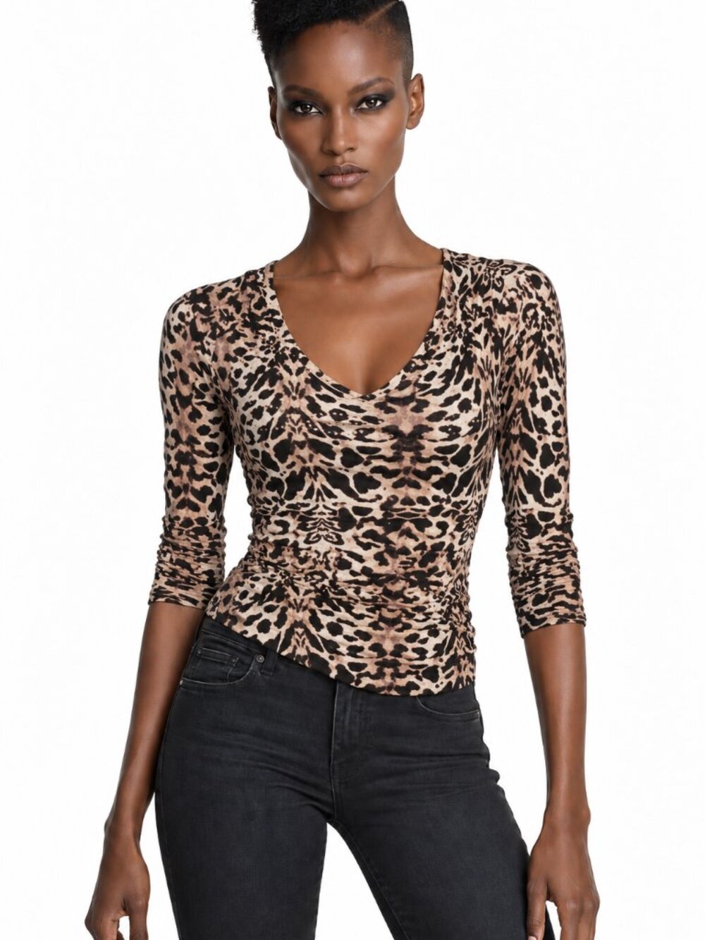 Title: Bebe Women’s “Babe” Animal-Print Ruched Top Size S